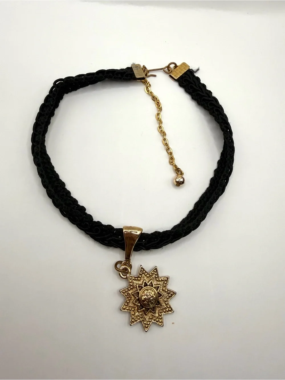 Whimsigoth Gold Sunburst Pendant Necklace with Black Braided Nylon Cord